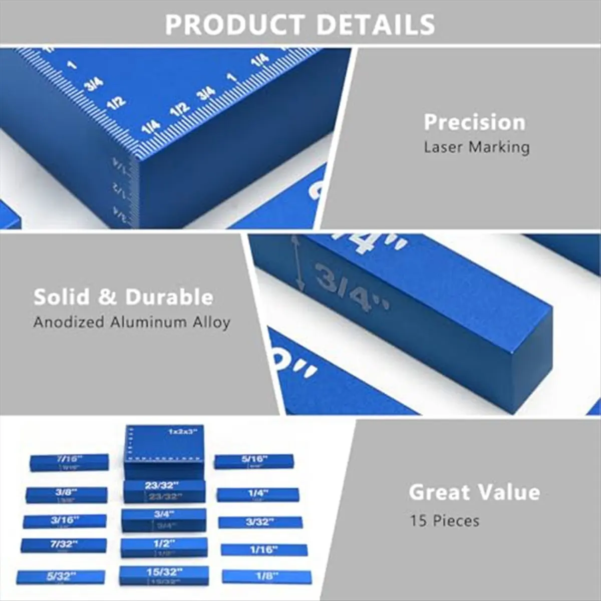 A40T Setup Blocks Woodworking Height Gauge Set 15 Pcs of Set Up Bars, Router Table and Table Saw Accessories Blue