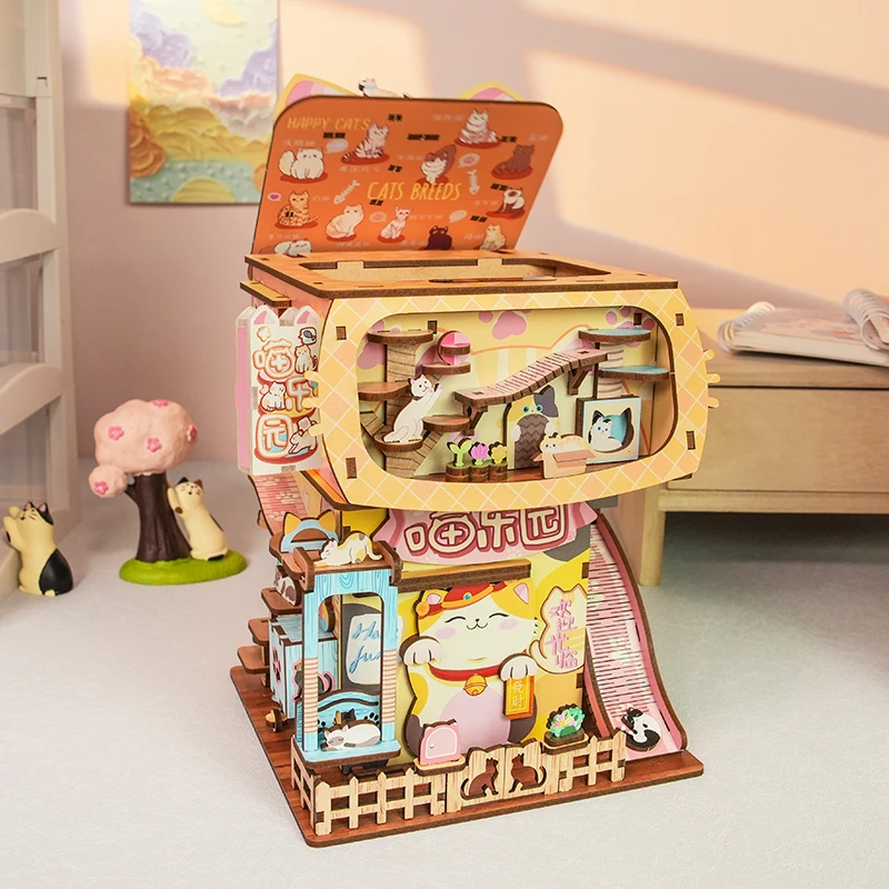 DIY Wooden Cat\'s House Storage Box Model Building Kits City Street View 3D Puzzles Handmade Crafts Friends Gifts Desk Decoration