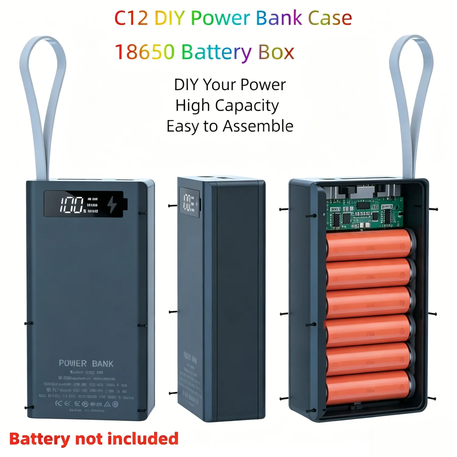C12 18650 Akku-Ladegerät-Box Powerbank-Gehäuse Dual-USB LCD-Display Schnelle Kabellose Powerbank DIY-Gehäuse Aufbewahrung für Mobilgeräte