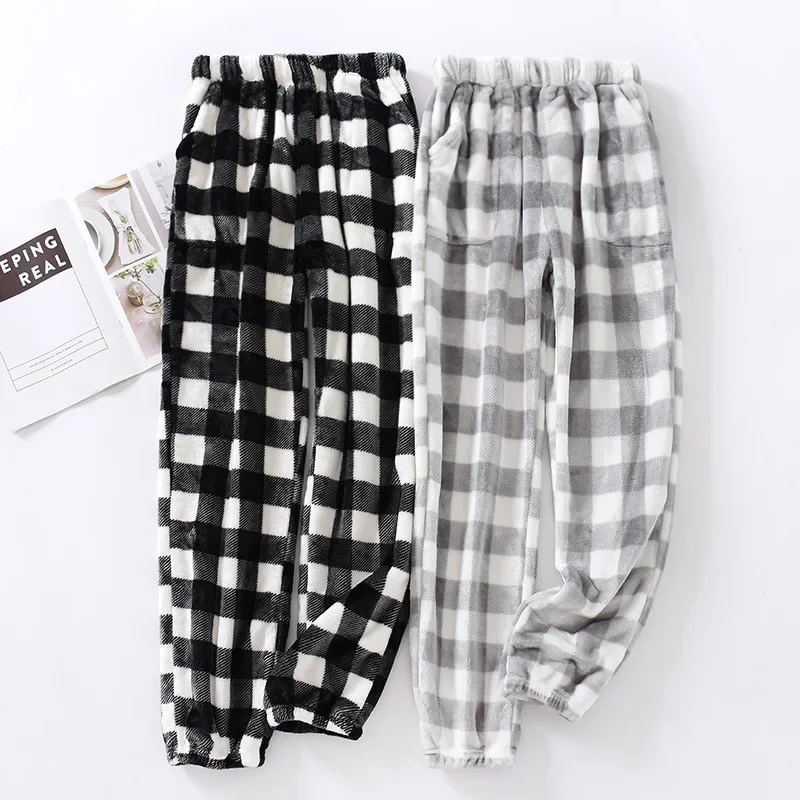 Autumn and Winter Super Warm Thickening Flannel Men's Women's Plaid Pants Black Grey Colors Matching Men Pajamas Trousers