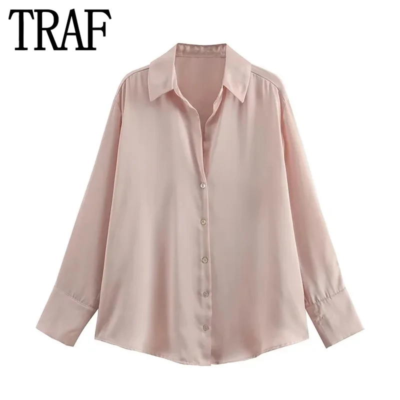 TRAF 2023 Woman Pink Shirt Satin Long Sleeve Blouse Women Collared Button Up Summer Shirt Casual Elegant And Youth Woman Blouses