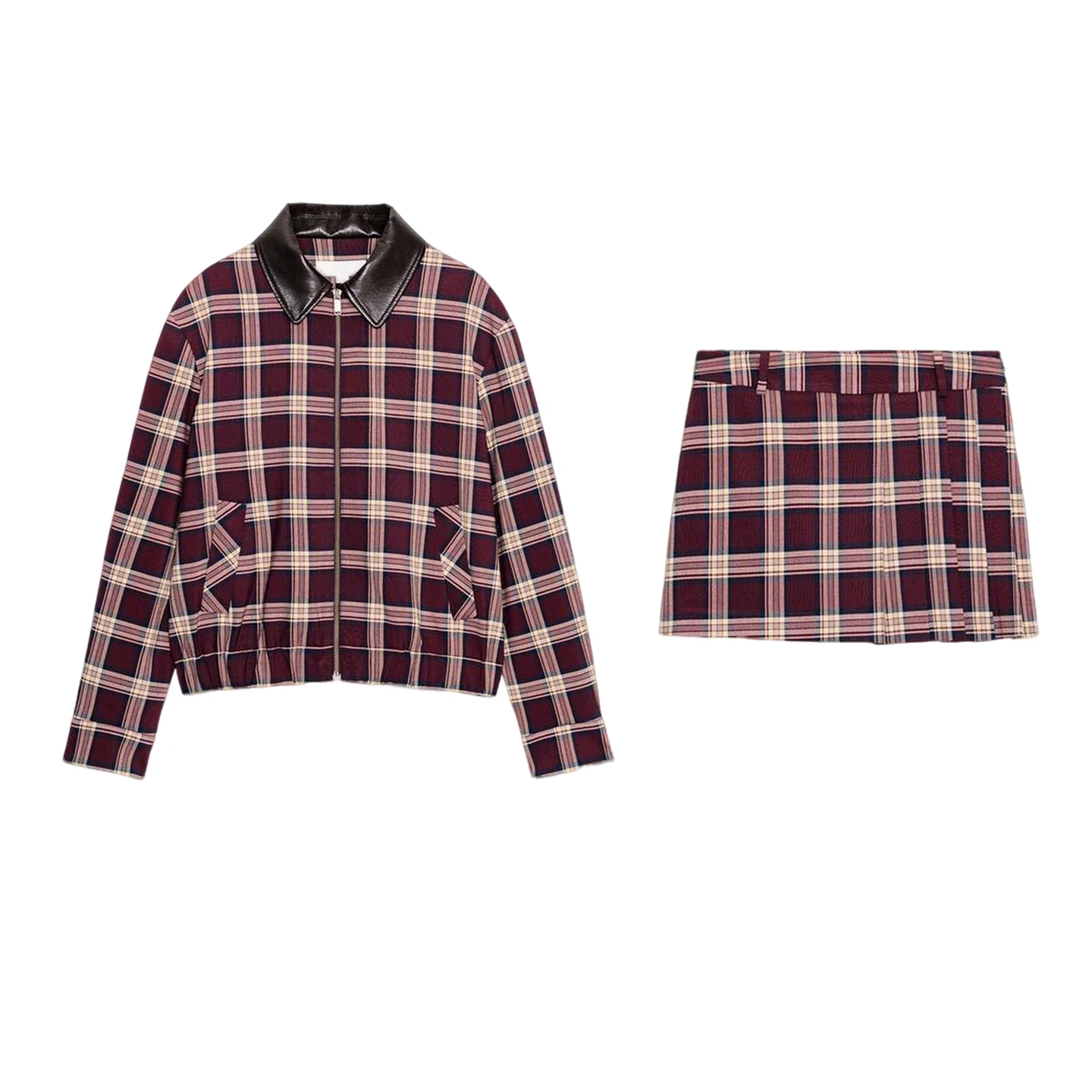 Leather Effect Plaid Pilot Jaet Coat Low Waist Wide Pleat Skirt Pants 2 Piece Set Casual Sle Winter Faion Women's Outfit