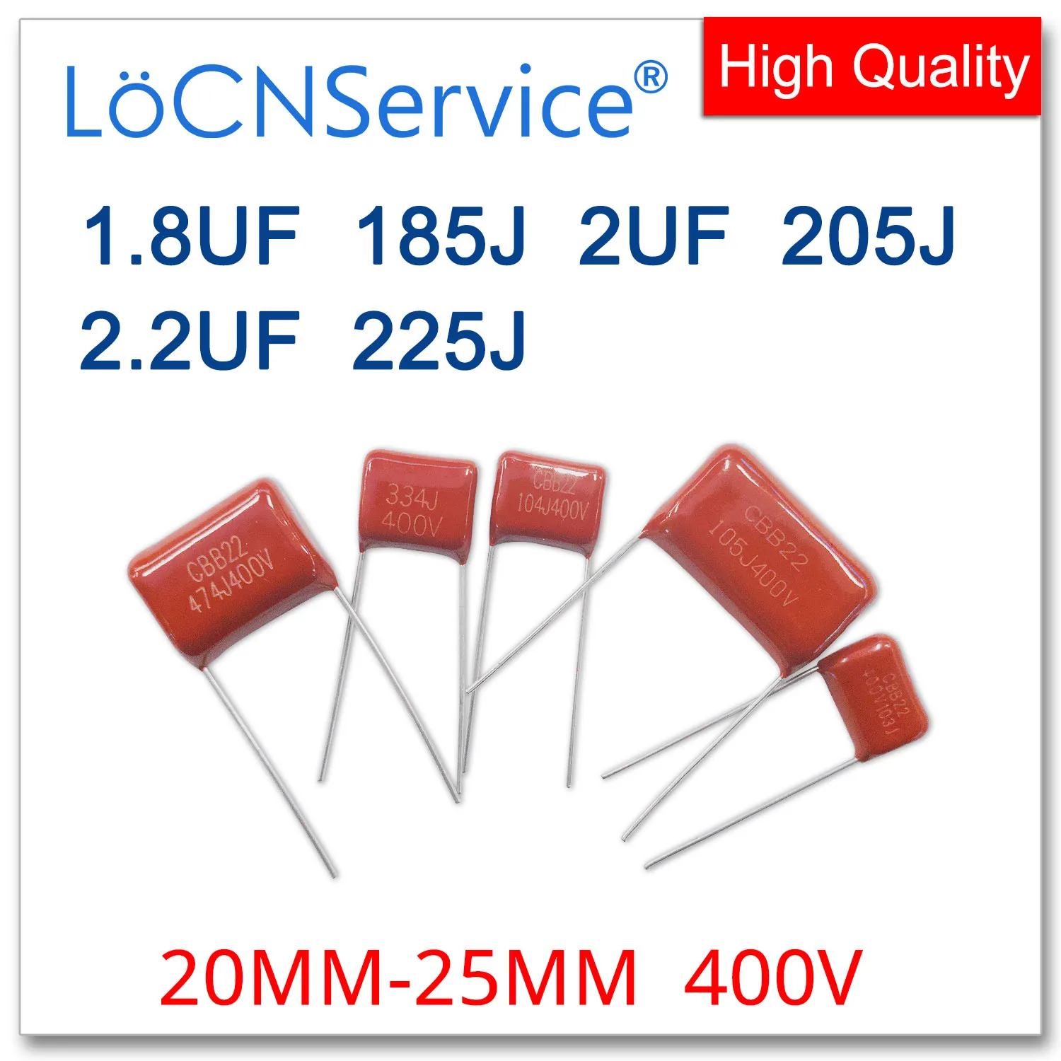 LoCNService 200PCS 400V 20MM 25MM 1.8UF 2UF 2.2UF 185J 205J 225J CBB Polypropylene Film Capacitor High Quality 185 205 225 2UF