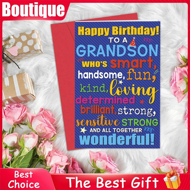 

Happy Birthday Card for Grandson, Smart Handsome Kind Loving Wonderful Birthday Greeting Card for Grandson