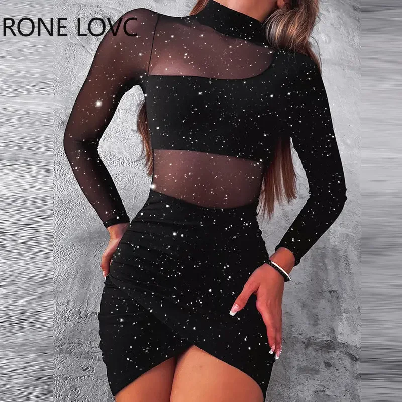 Women Elegant Glitter Long Sleeves Contrast Mesh Patch Sheer Asymmetrical Wrao Bodycon Party Black Dress