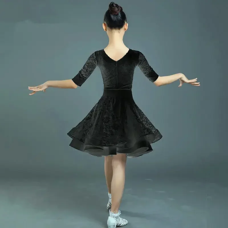 Children Latin Dance Dress Ballroom Baby Girl Tutu Lace Black White Design Stage Clothing Salsa Samba Dance Costume New style