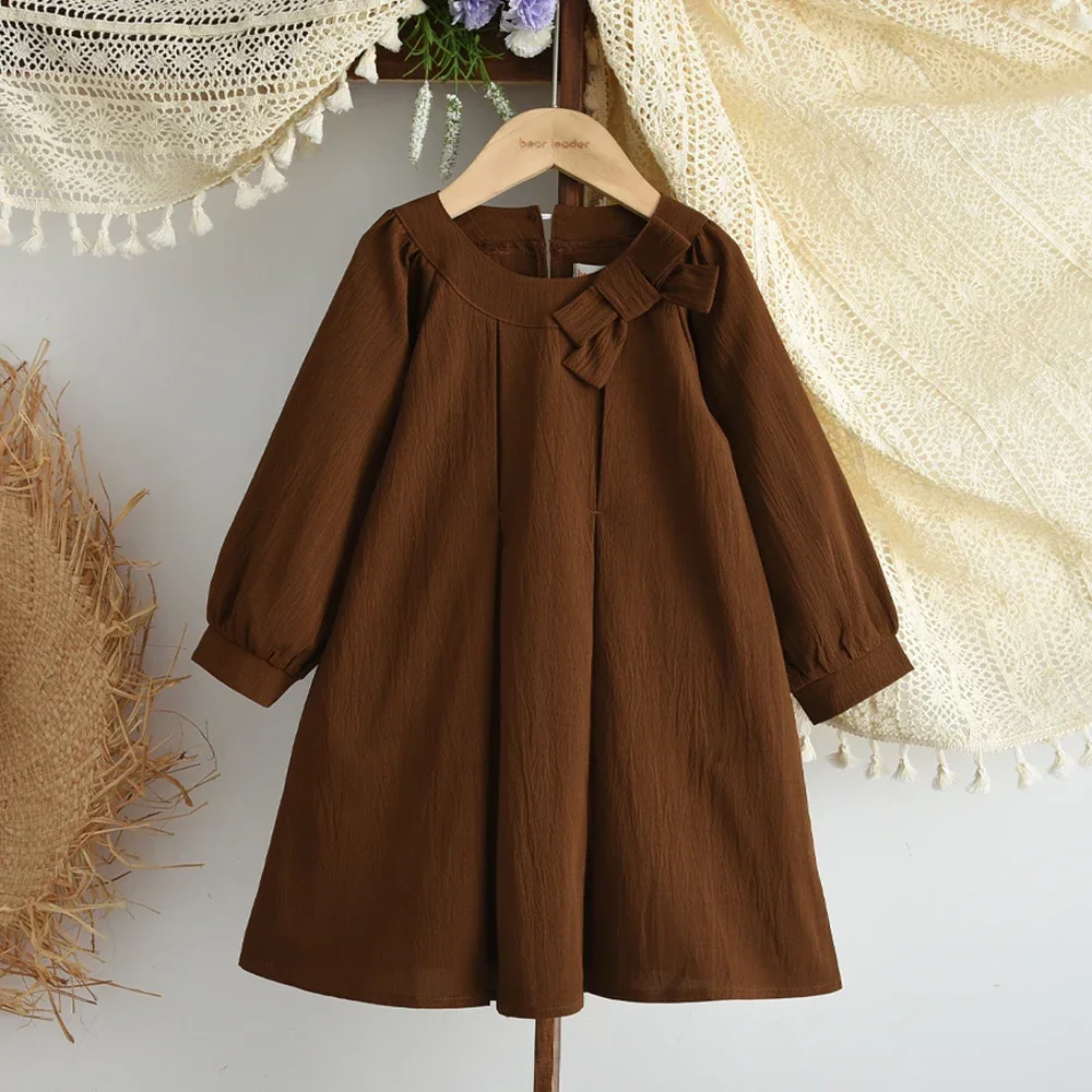

Brown Korean Version Children's Clothing 2025 Autumn Bow Decoration Long Sleeved Solid Color Sweet Girls' Casual Dresses