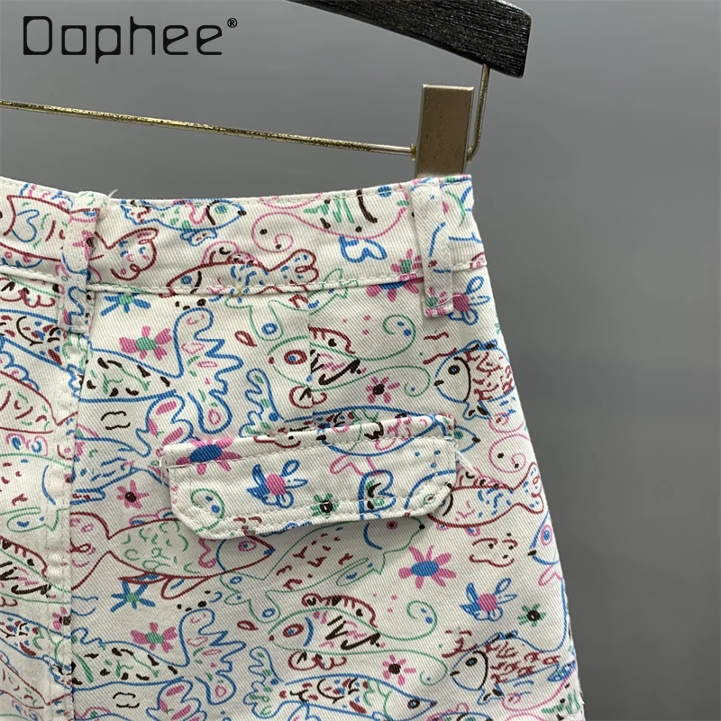 Sweet Cute Cartoon Printed Denim Shorts Women 2025 Summer New High-waisted Slim A-word Short Skirt Street Fashion Sexy Shorts