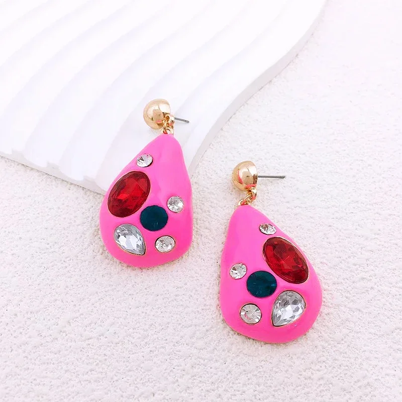 Fashion Aesthetic Colorful Rhinestone Water Drop Earrings for Women Jewelry Geometric Zircon Oil Dripping Enamel Post Earring