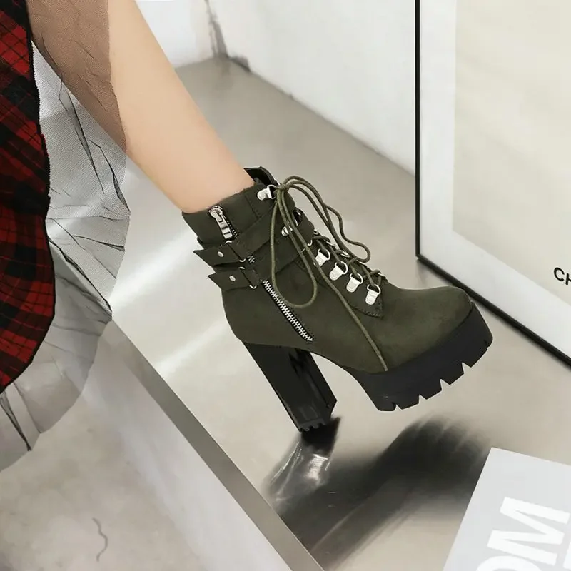 

Winter New Olive Army Green Block High Heels Platform Womens Boots Oversize Goth Punk Riding Ankle Boots Big Size 45 46 47 48