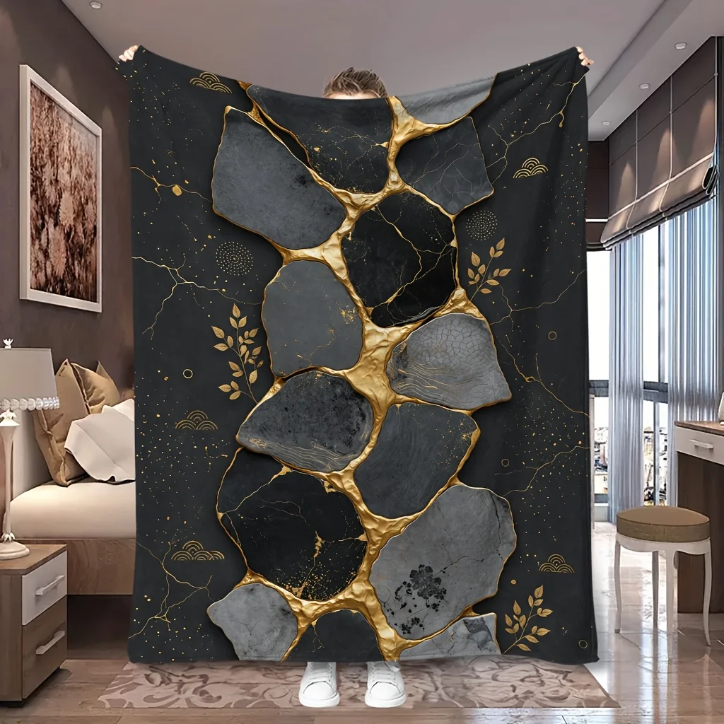 1pc Black Golden Crack Rock Kintsugi Texture Print Flannel Blanket, Skin-friendly and Comfortable, Suitable for Blankets, Kid Be