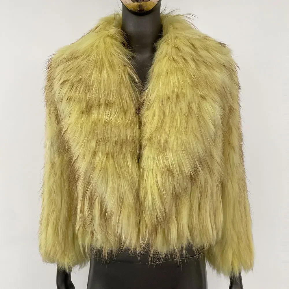 

Winter Overcoat Natural Fur Collar Outerwear Short Real Natural Raccoon Fur Jacket New Fluffy Luxury Fur Knitted Coat Women