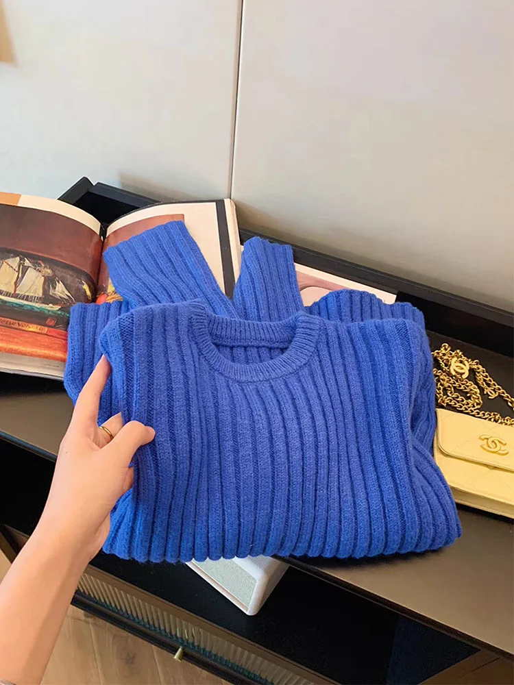 Korean Fashion O-Neck Blue Sweaters Autumn Winter Casual Half High Collar Knitted Pullovers Office Lady Oversized High Street