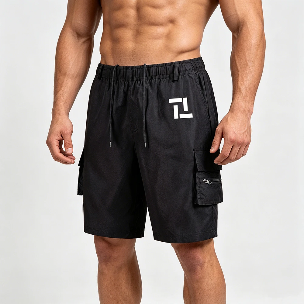 Men's Cargo Shorts with Geometric Print Elastic Waist Quick Dry Casual Summer Work Shorts with Functional Zipper Side Pockets