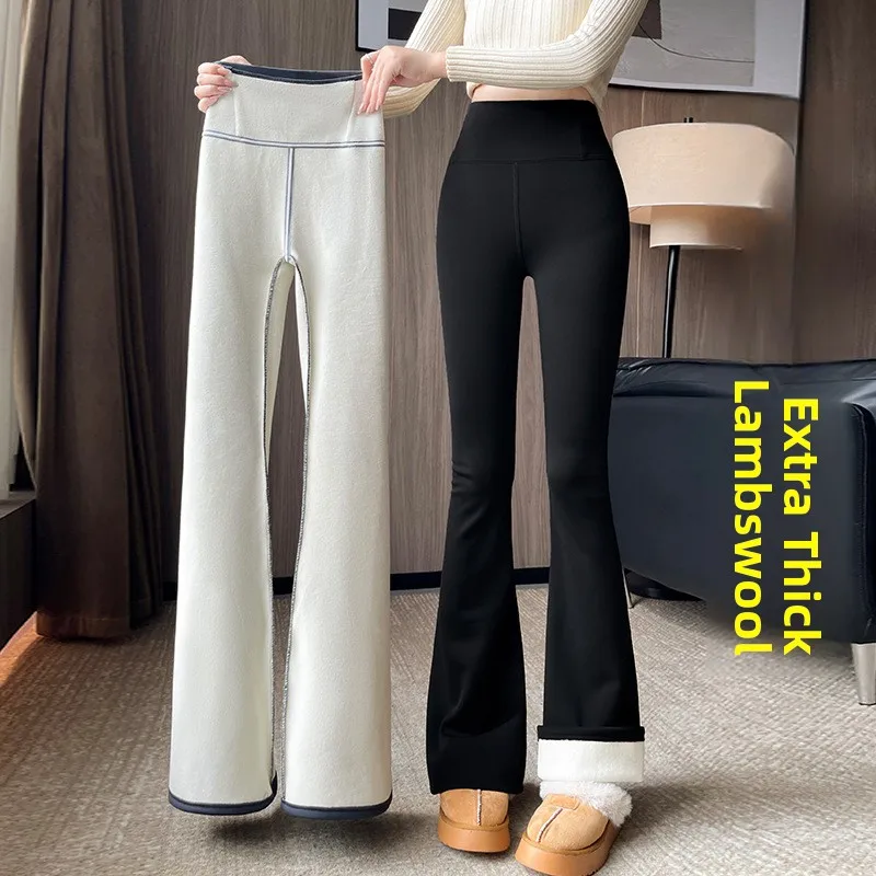 Women's High Waist Fleece Lined Thickened Lamb Velvet Shark Pants Autumn Winter Yoga Trousers Long Leggings Bell Bottoms