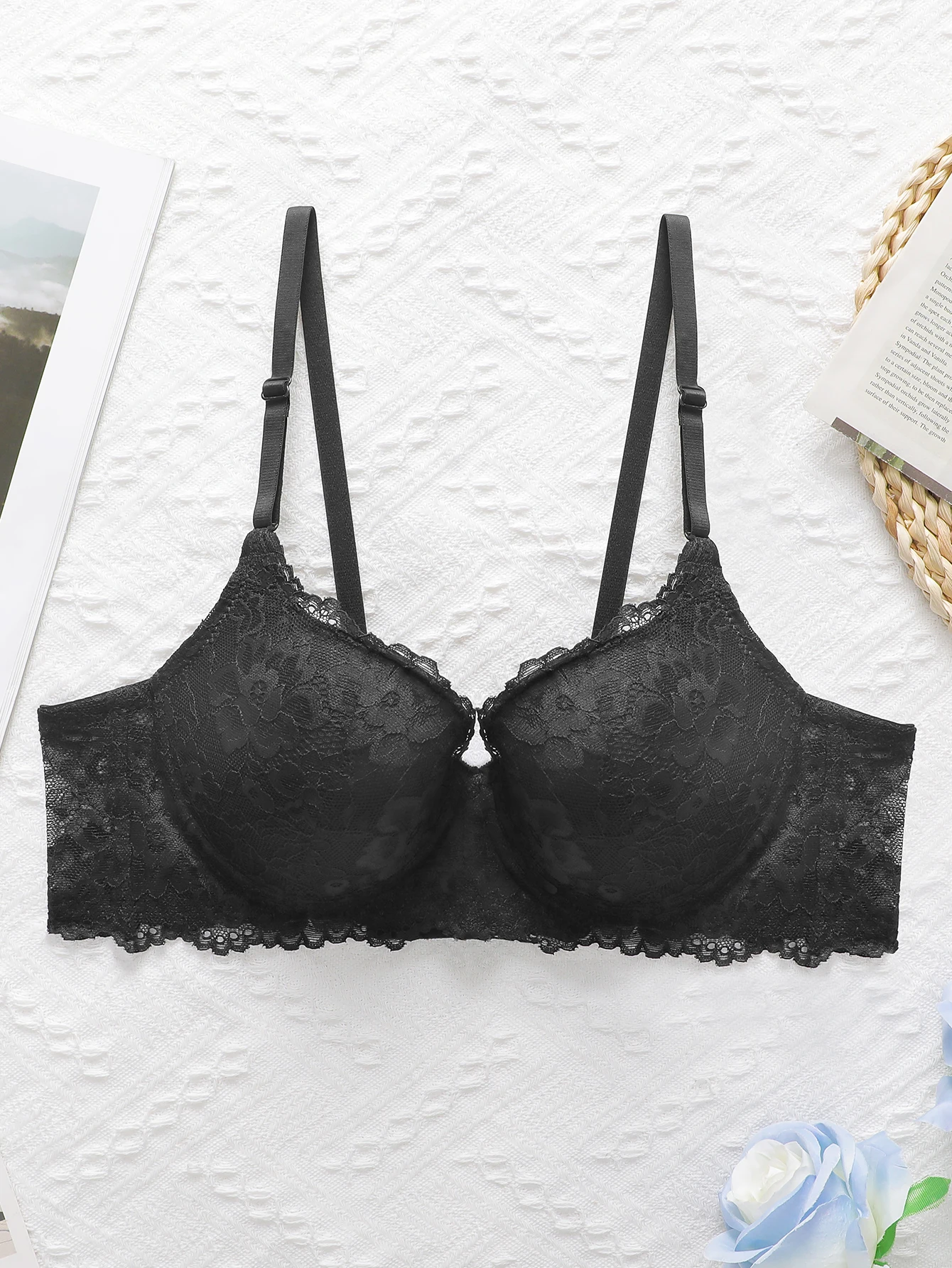 Black lace ribbon steel support bra sexy lingerie with padding gathering pull up women's underwear B6097