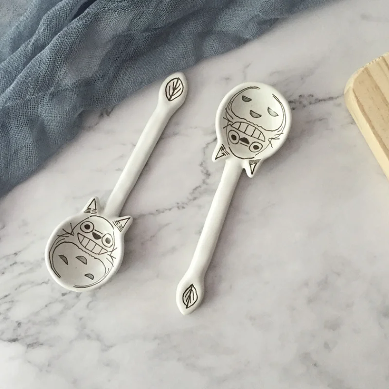 Japanese Hand Drawn Cartoon Cat Clay Spoon Handmade Ceramic Dessert Spoons Small Rice Soup Spoon Kitchen Tableware Coffee Scoop