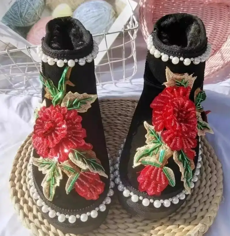 

Bohemia Red Beadings Green Leafs Flower Black Suede Snow Boots pearls Decor Thick sole Woman Round Toe Winter Plush Boots Shoes