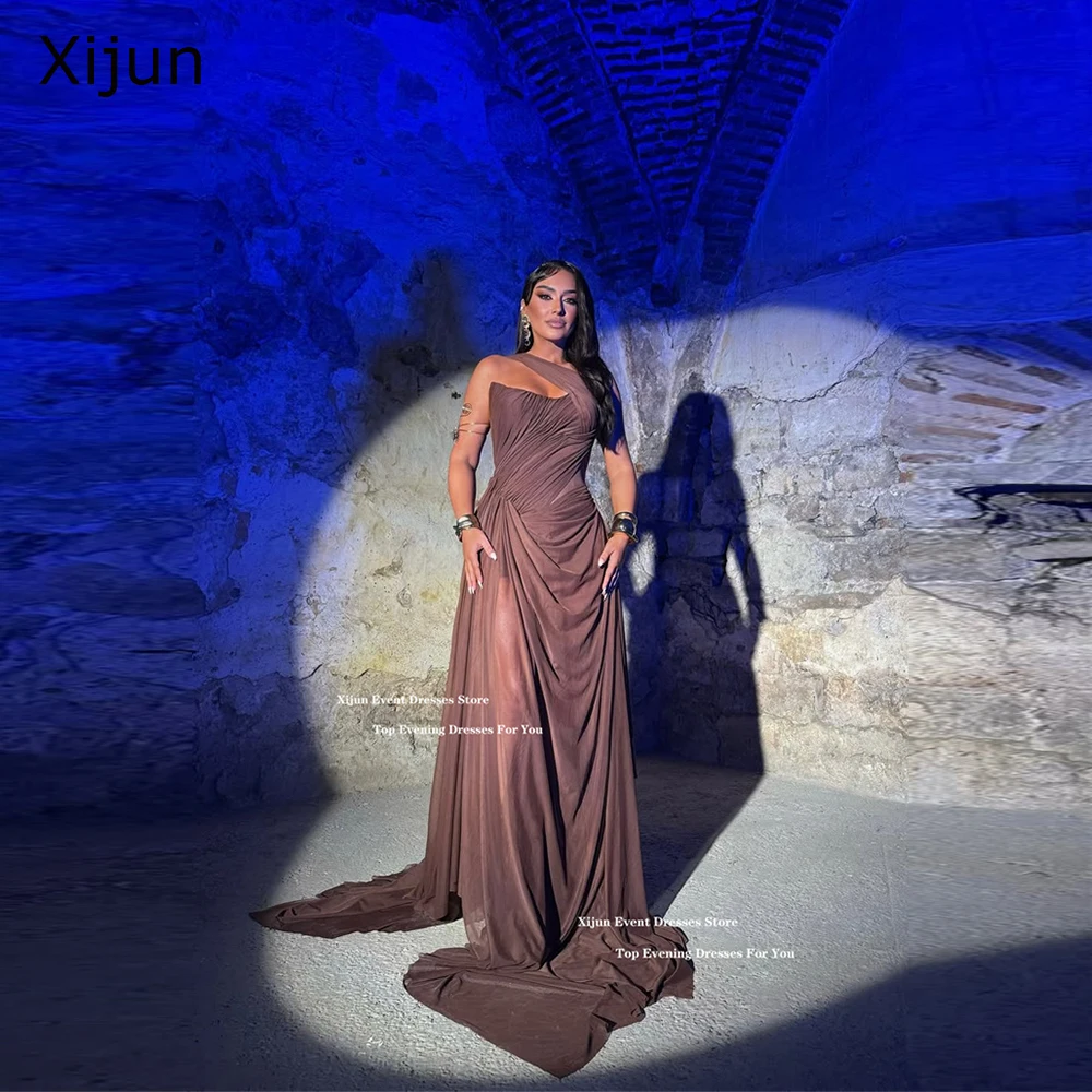 

Xijun Luxury Brown Chiffon Evening Dresses One Shoulder Pleated Saudi Arabic Prom Dresses Sleeveless A-Line Prom Gown Customized