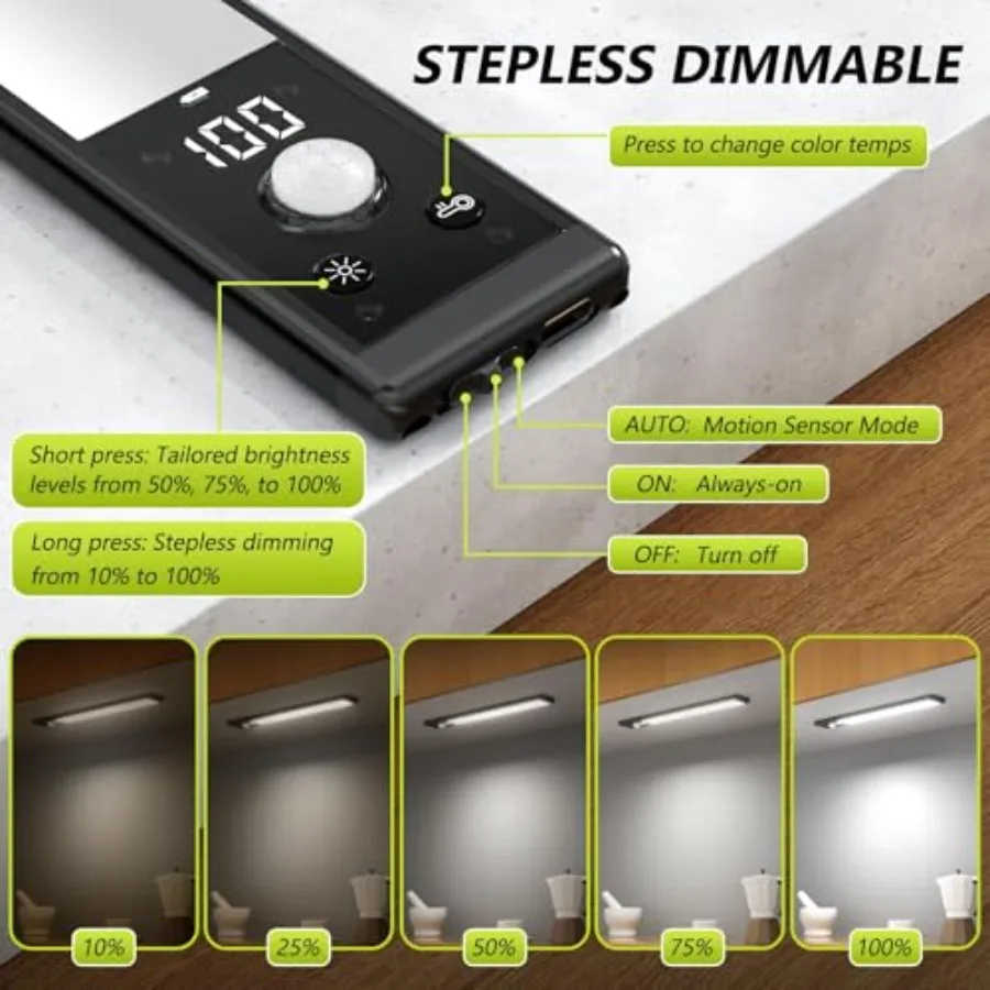 Under Cabinet Lights with Digital Display, 52 LED Rechargeable Motion Sensor Light Indoor, 3 Color Temperatures, Magnetic Dimma