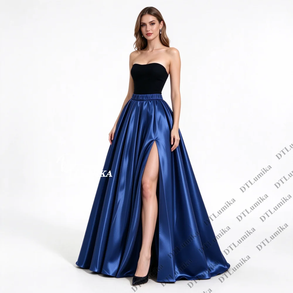 Customized Fluid Satin Skirt A Line Long Party Cocktail Skirts Elastic Waist Many Colors Glossy Wedding Guest Skirt with Slit