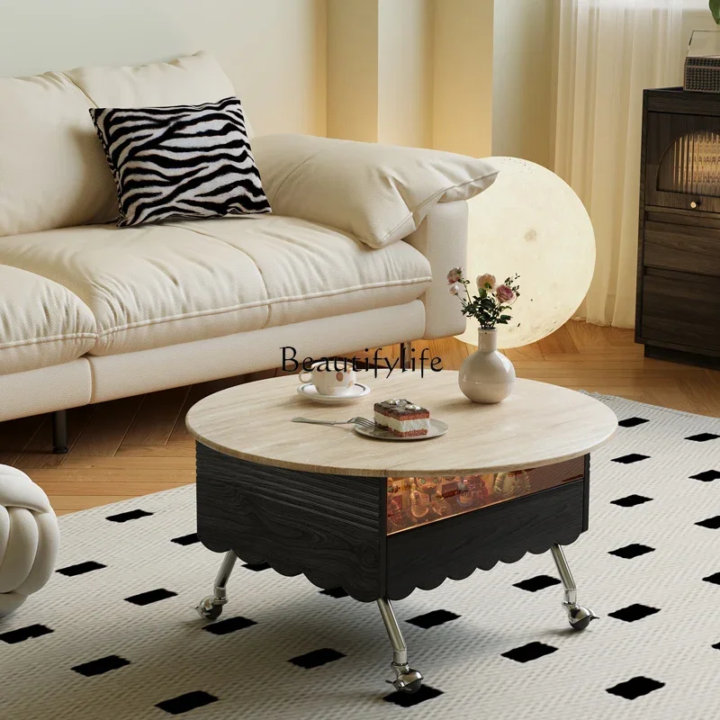 

FG44Living Room Home Solid Wood Tea Table Multi-Functional Lifting Mobile Mid-Ancient Storage Retro Side Table