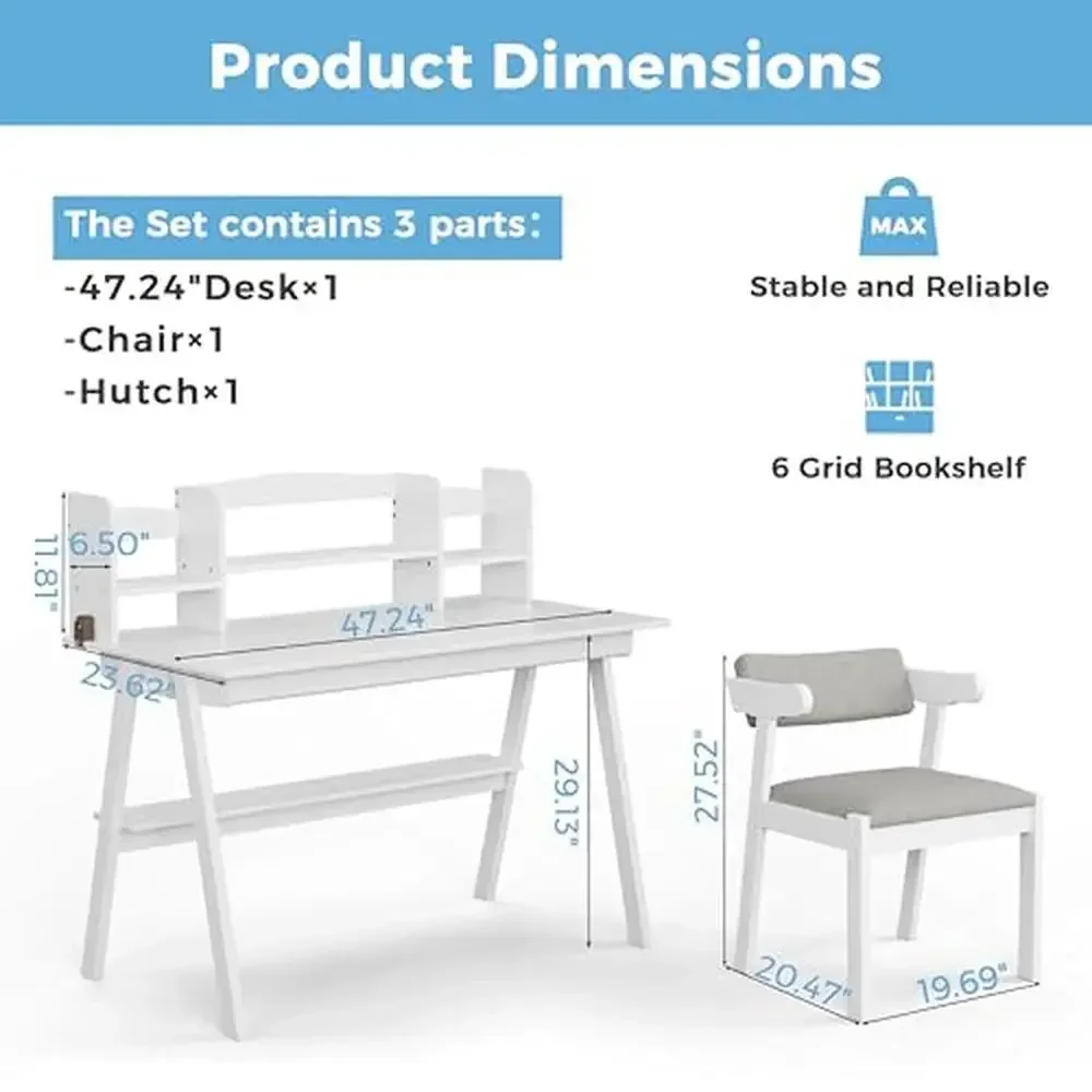 Juego de escritorio y silla para niños de madera maciza, escritorio de escritura blanco con cajones y aparador, juego de mesa y sillas de estudio para niños de 47,24 pulgadas de madera maciza