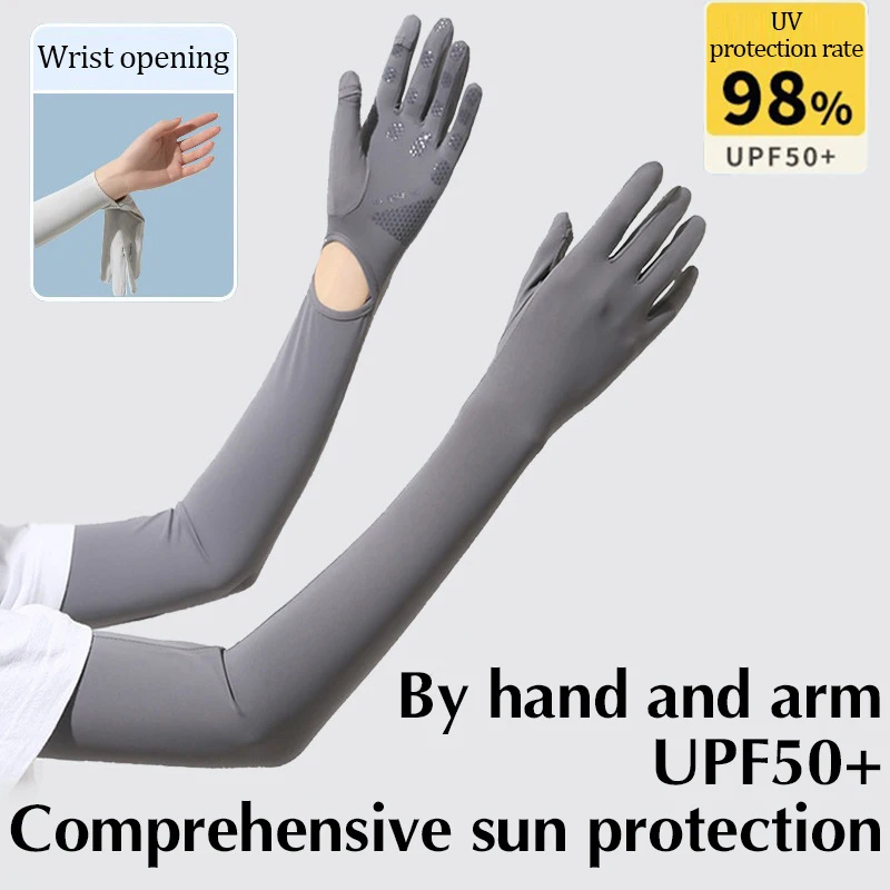 Guantes de protección solar de manga larga para mujer, conjunto de manga de hielo de seda fina para ciclismo, protección UV para brazos, Verano