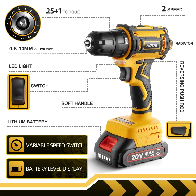 WOSAI 20V Brushless Drill 50N.m Electric Screwdriver Lithium-Ion Battery Cordless Drill 25+1 Torque Settings 2-Speeds Power Tool