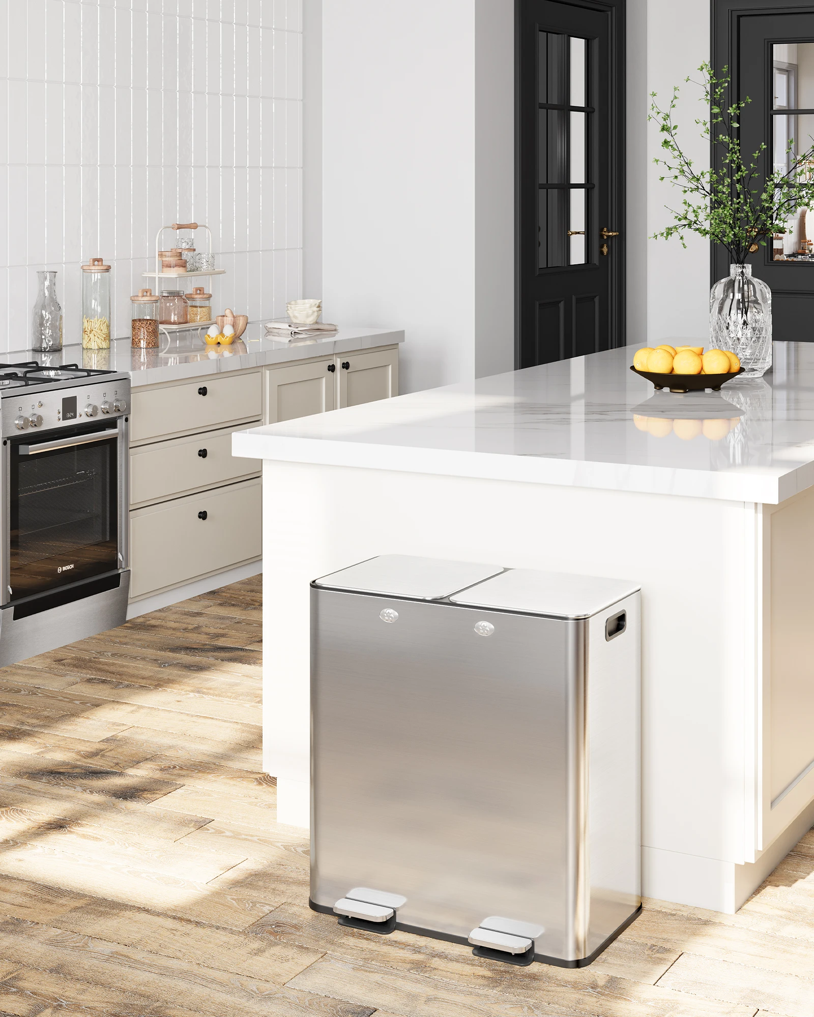 Stainless Steel Dual Compartment Trash Can & Recycling Bin - 8 Gallon (30L) x 2, Soft-Close Lid & Step-On Pedal, Removable Plastic Inner Buckets, Modern Silver Kitchen Waste Bin for Home/Office