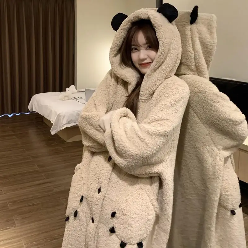 

Women's Robe Thickened Bear Hat Coral Fleece Bathrobe Autumn Winter Warm Hooded Loungewear Cozy Home Clothes Sleepwear Pajamas