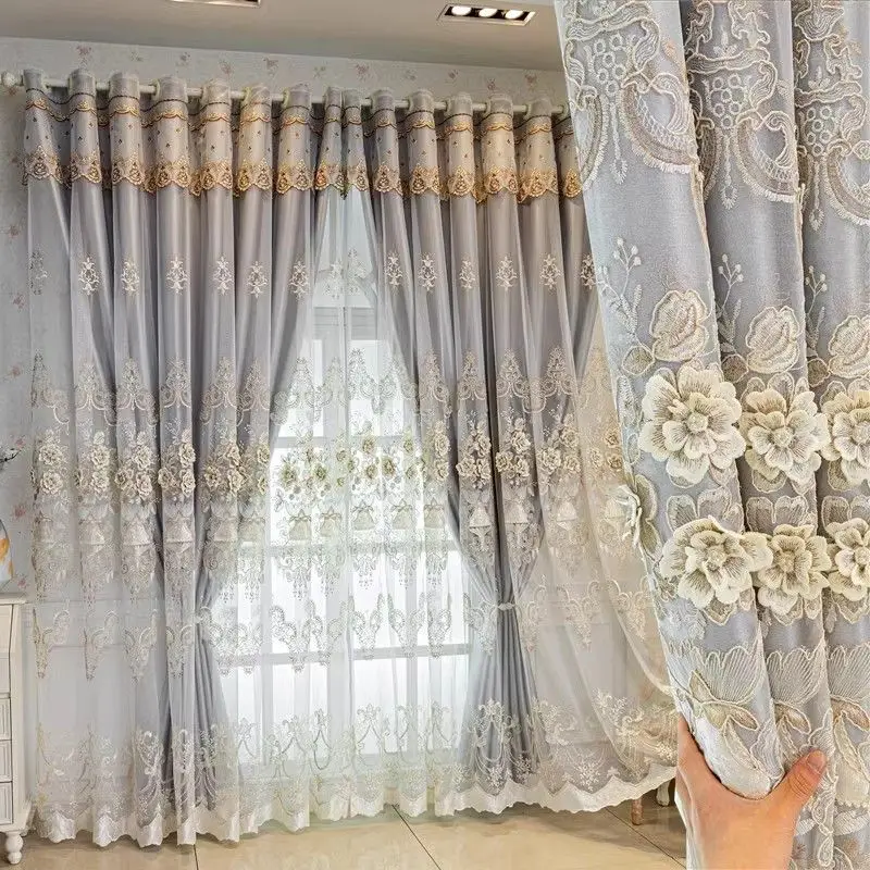 Luxury European Blackout Curtain with Sheer Thickened Double Layer Drapes 3D Embroidered Floral Pattern for Bedroom Living Room