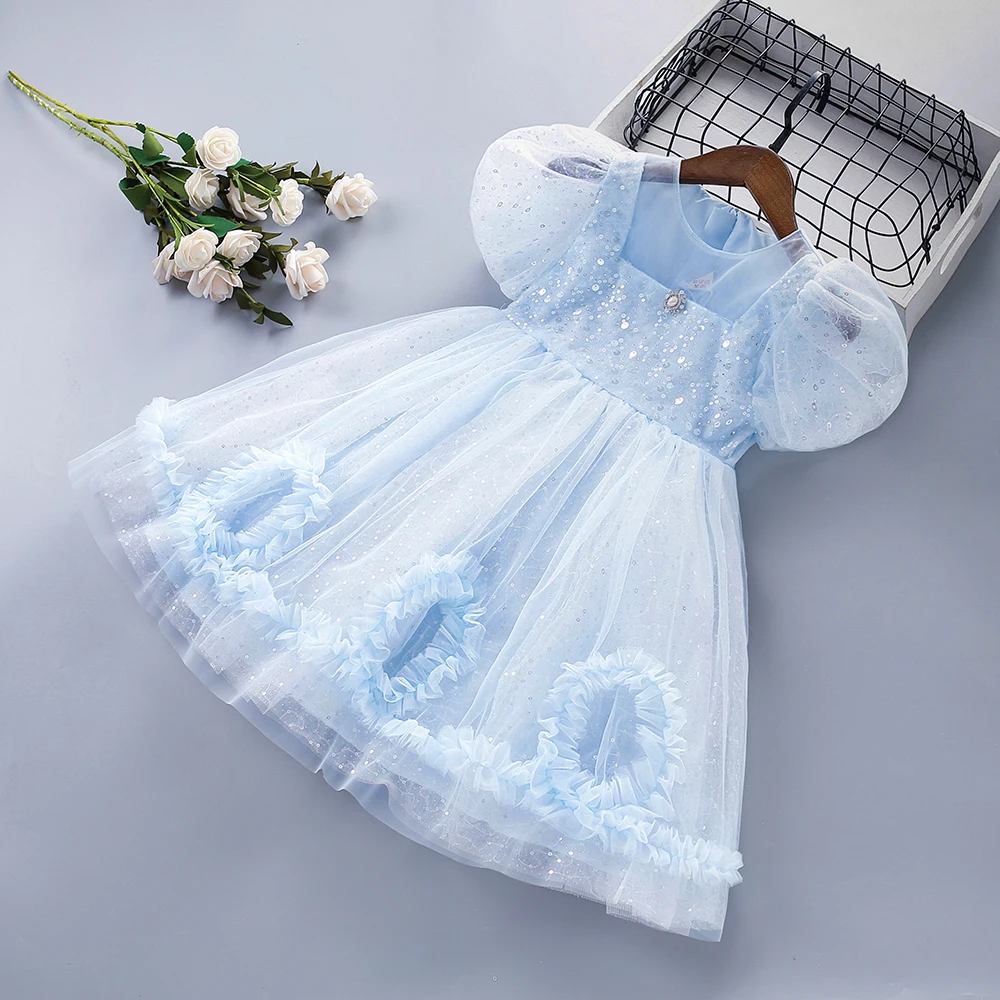 

2-10 Years High Quality Summer New Solid Draped Ruched Tiered Sequined Kid Children Clothing Girl Party Birthday Princess Dress