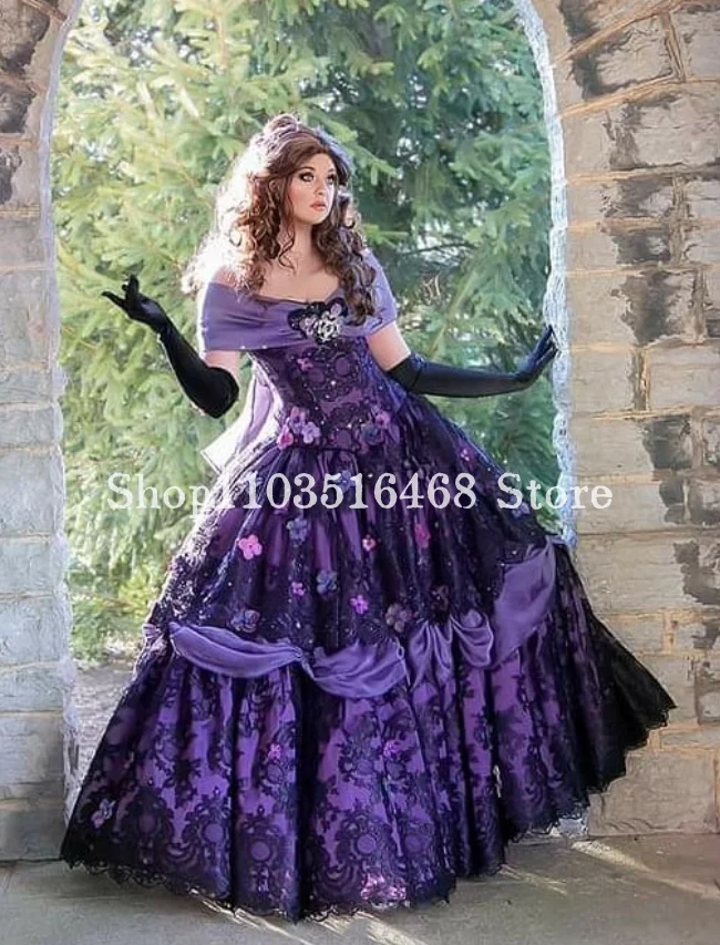 Vintage Gothic Victorian Prom Dress Grape Purple Fairy Princess Belle Floral Embroidered Lace Ruffles Masquerade Cosplay Evening