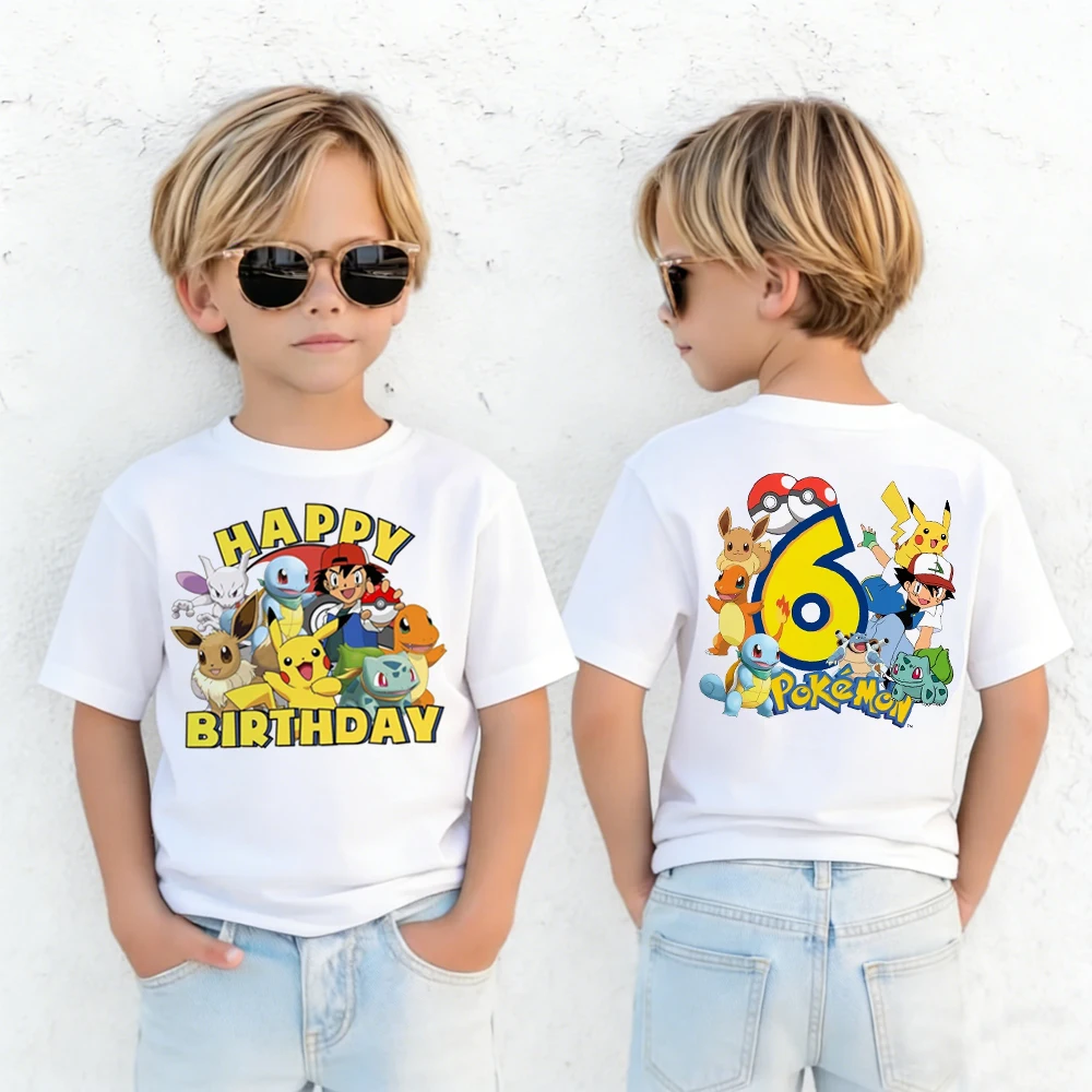 Camiseta estampada de aniversário do Pokémon Pikachu, unissex, para crianças de 2 a 14 anos, verão Y2K Harajuku, top casual solto de manga curta