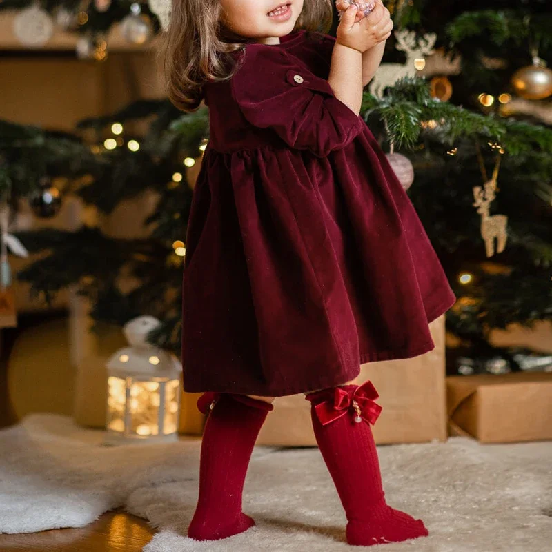 Chic Christmas Red Evening Party Velvet Dress Girls 2024 Solid Color Loose Long Sleeved Autumn Dresses Toddler Kids Clothes