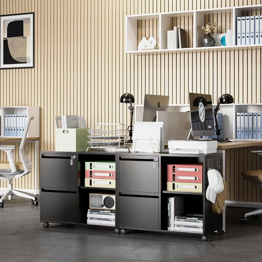 Lateral 2 Drawer Filing Cabinet with Lock, Mobile File Cabinet on Wheels, Printer Stand with Storage for Legal/Letter/A4 File Fo
