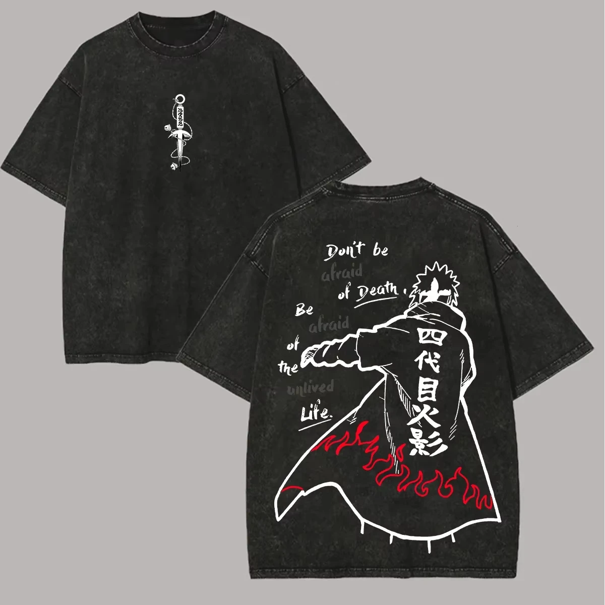 2026 Summer Anime Naruto Oversized T-shirt Minato Namikaze 4th Hokage Print Casual Streetwear Washed Black Tee for Men and Women