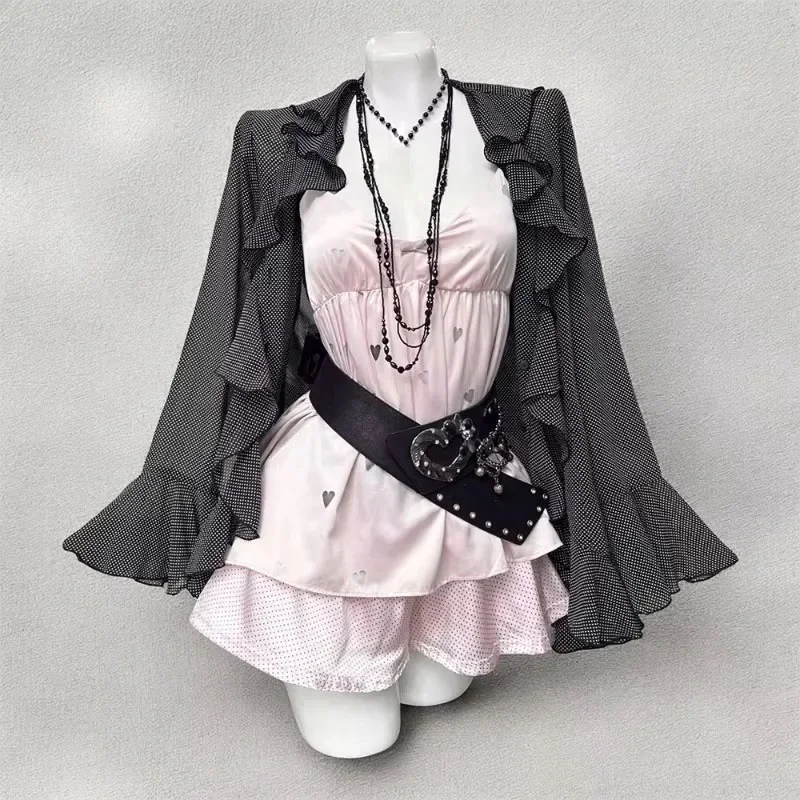 

Летний японский винтажный волнистый кардиган + субкультурный милый жилет-бретелька + юбки с высокой талией Y2k, комплекты из трех предметов