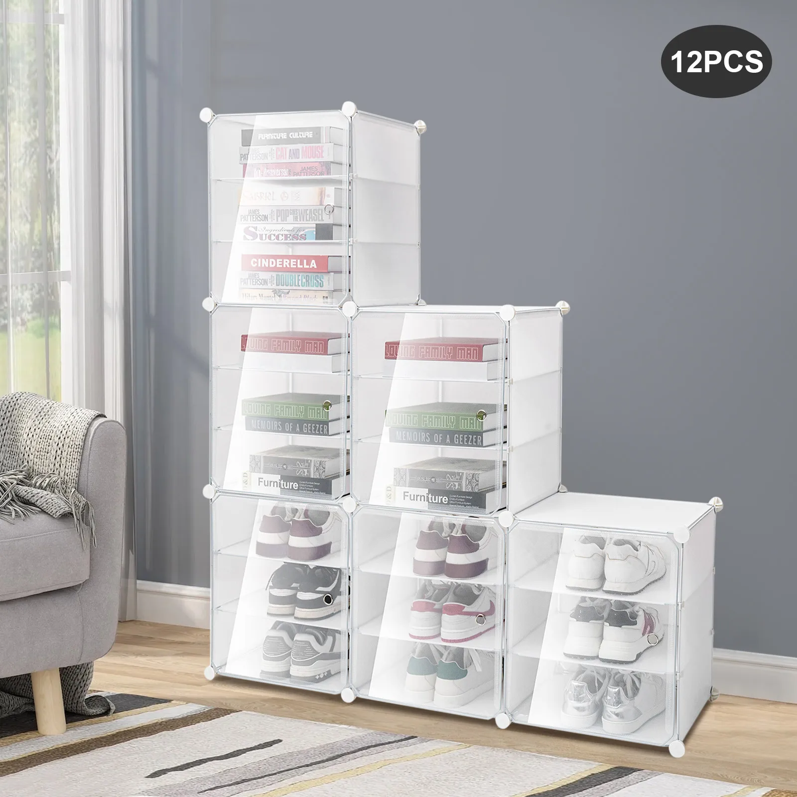 Shoe Storage Rack, 72 Pairs Large Capacity 36-Compartment Foldable Stackable Transparent Display Cabinet, Detachable Boot Organizer for Closet, Free-Standing PP Iron Rack with Buckles