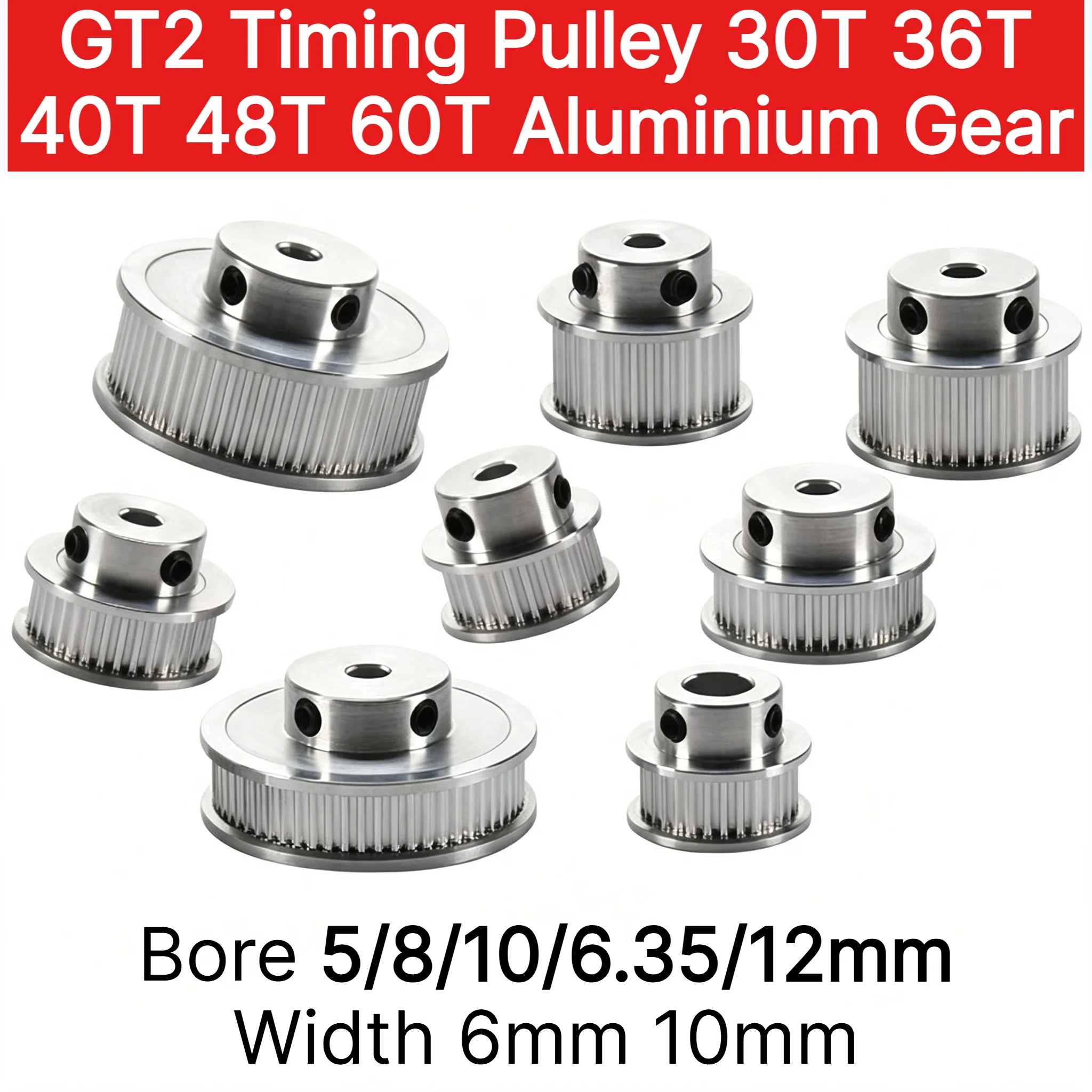 GT2 Timing Pulley 30T 36T 40T 48T 60T Aluminium Gear 2GT Belt Wheel Bore 5/8/10/6.35/12mm Width 6mm 10mm for 3D Printer Parts