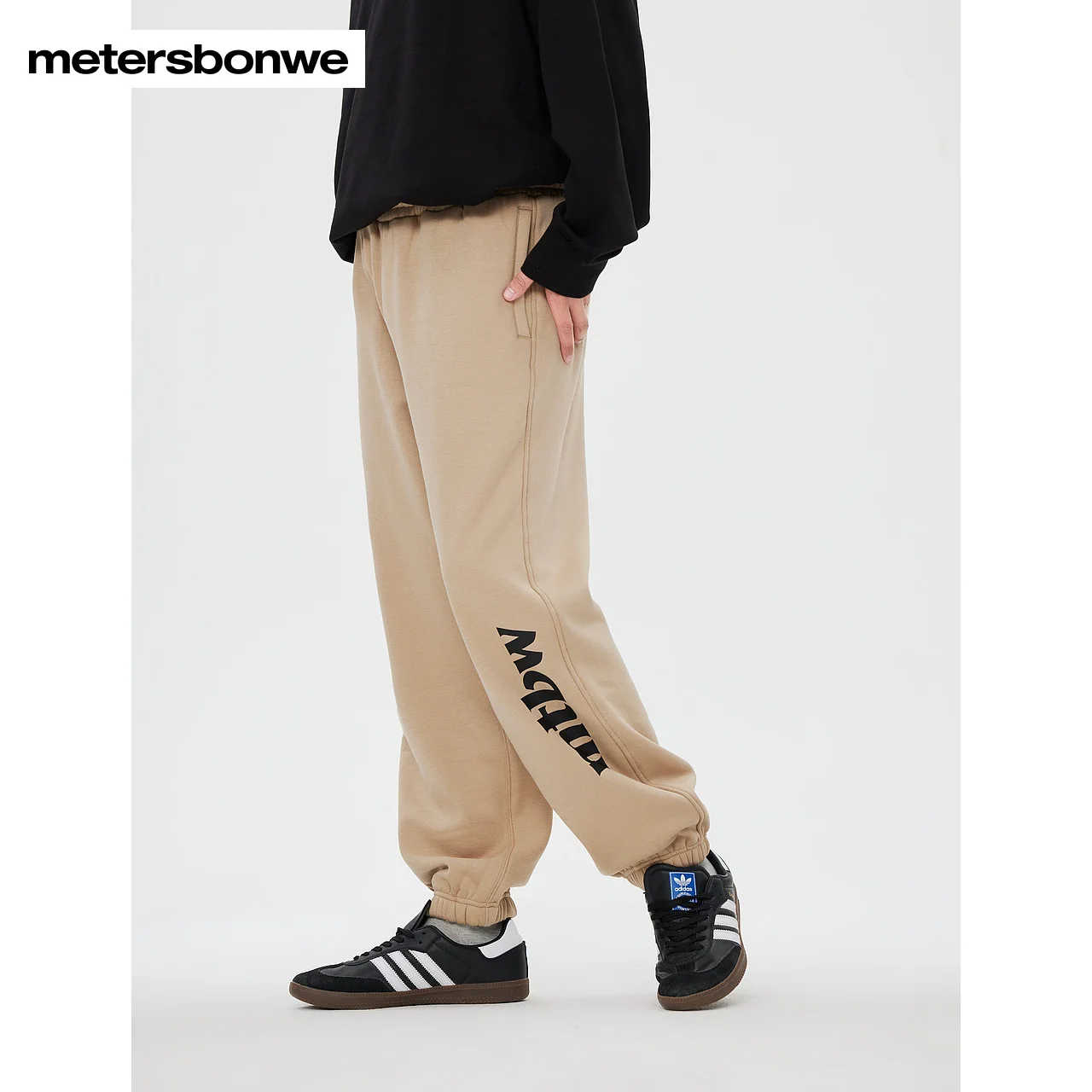 Metersbonwe-Women's Knit Trousers Fleese-Lined Print Logo Loose Sports Pant Jogger Sweatpants Workout Jogging Winter