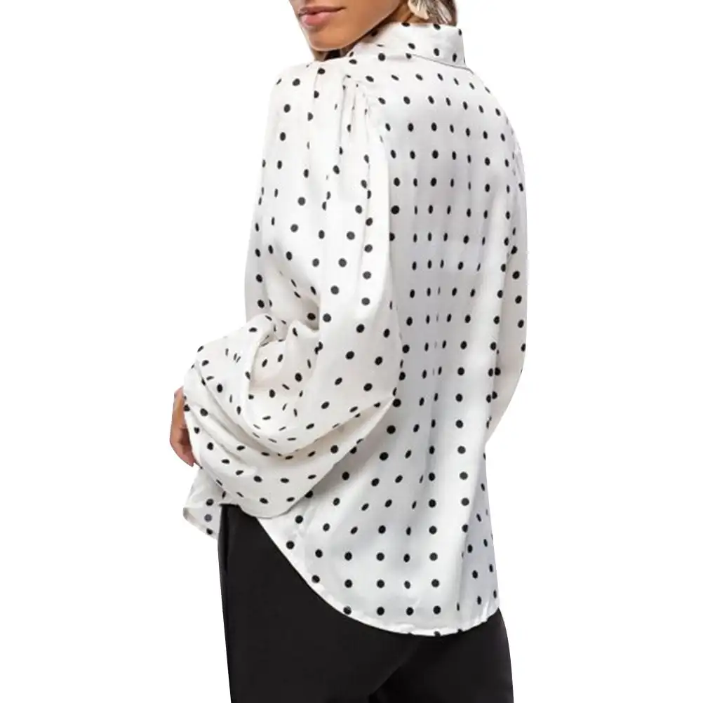 Camisa de gasa con solapa para mujer, blusa de lunares, manga farol, botones, Tops