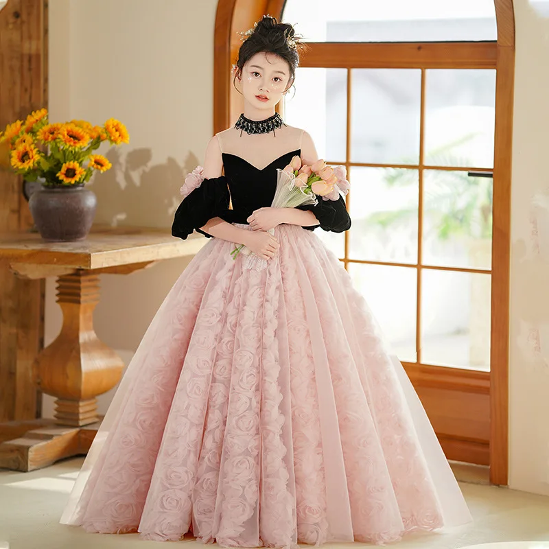 

Flower Girl Wedding Party Dress Black Girls Princess Dresses Round Neck Sleeveless Off Shoulder Gowns Long Prom Gown Customized