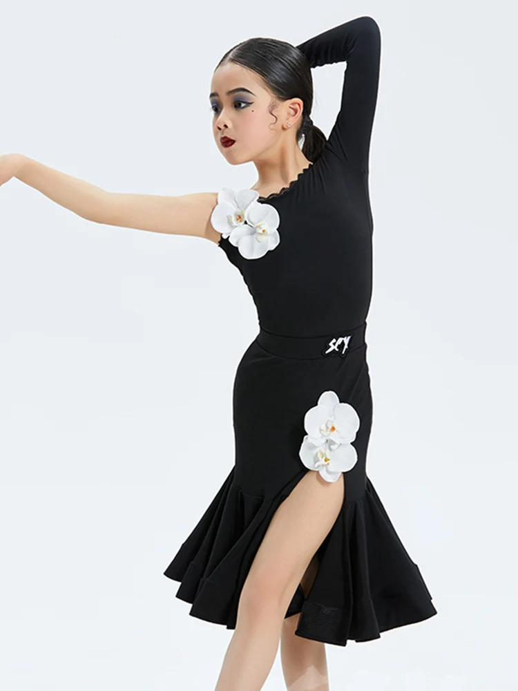 Latin Dance Dress Girls Schräg schulter Einarm schwarz Wettkampf kleid Ballsaal Tanz Performance Wear Blumen kleid dnv17812