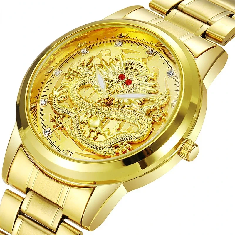 Luxury Mens Watches Fashion Embossed Gold Dragon Diamond Watch for Men Waterproof Luminous Wristwatch Stainless Steel Male Clock