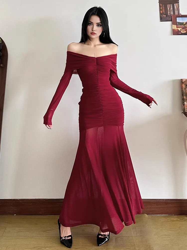 RORORIRI Off Shoulder Ruched Long Evening Dress Women Sexy Sheer Mesh Stretchy Long Sleeves Fishtail One-piece Formal Party Gown