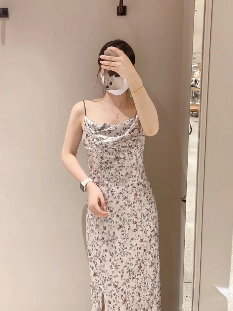 

Wakuta 2024 Japan Style Chic Female Office Lady Robe Slim Fit Straight Dress Autumn Floral Print Side Split Fashion Vestidos