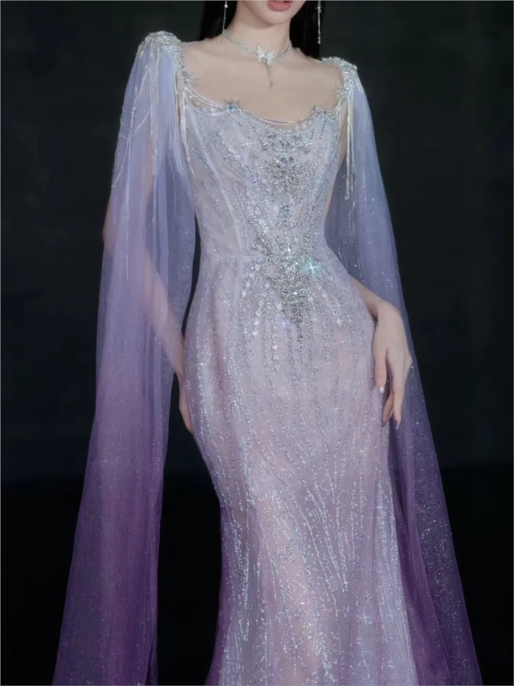 

The gradient purple host one-shoulder model dress for catwalk and toasting party