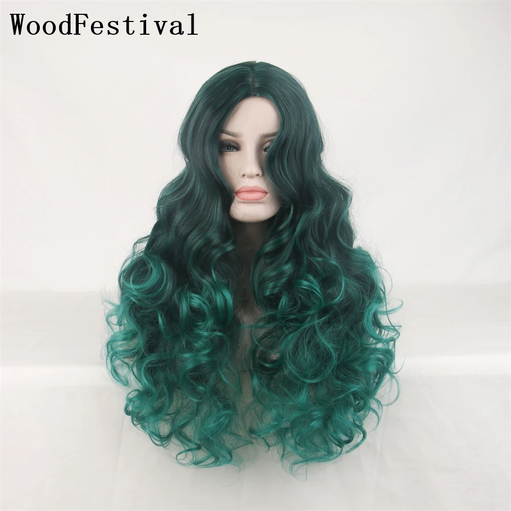 WoodFestival Long Wigs For Women Synthetic Hair Fibre Ombre Black And Green Wig Middle Part Cosplay Pink Wavy Dark Brown Grey